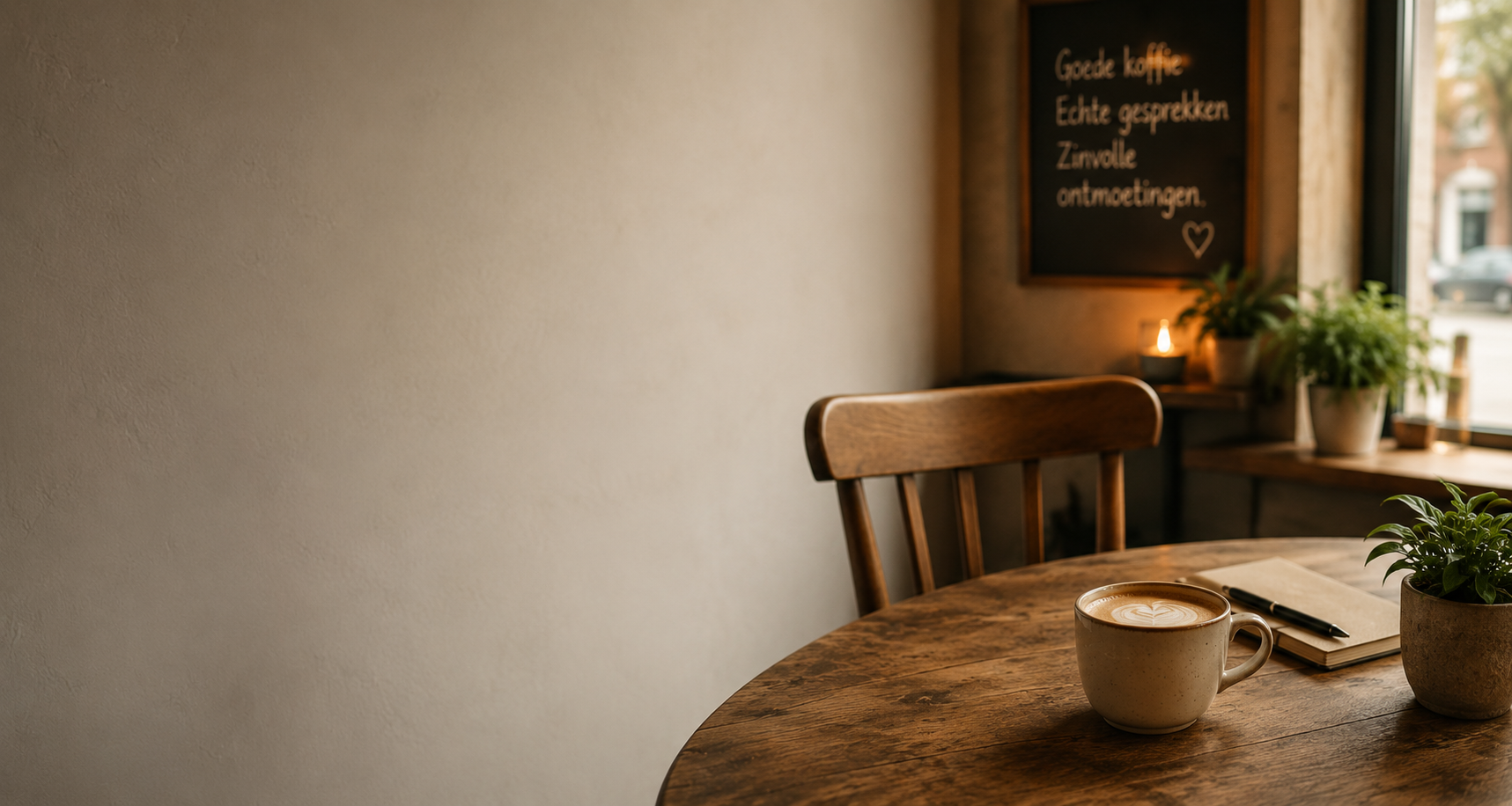 Lege stoel en koffie aan tafel